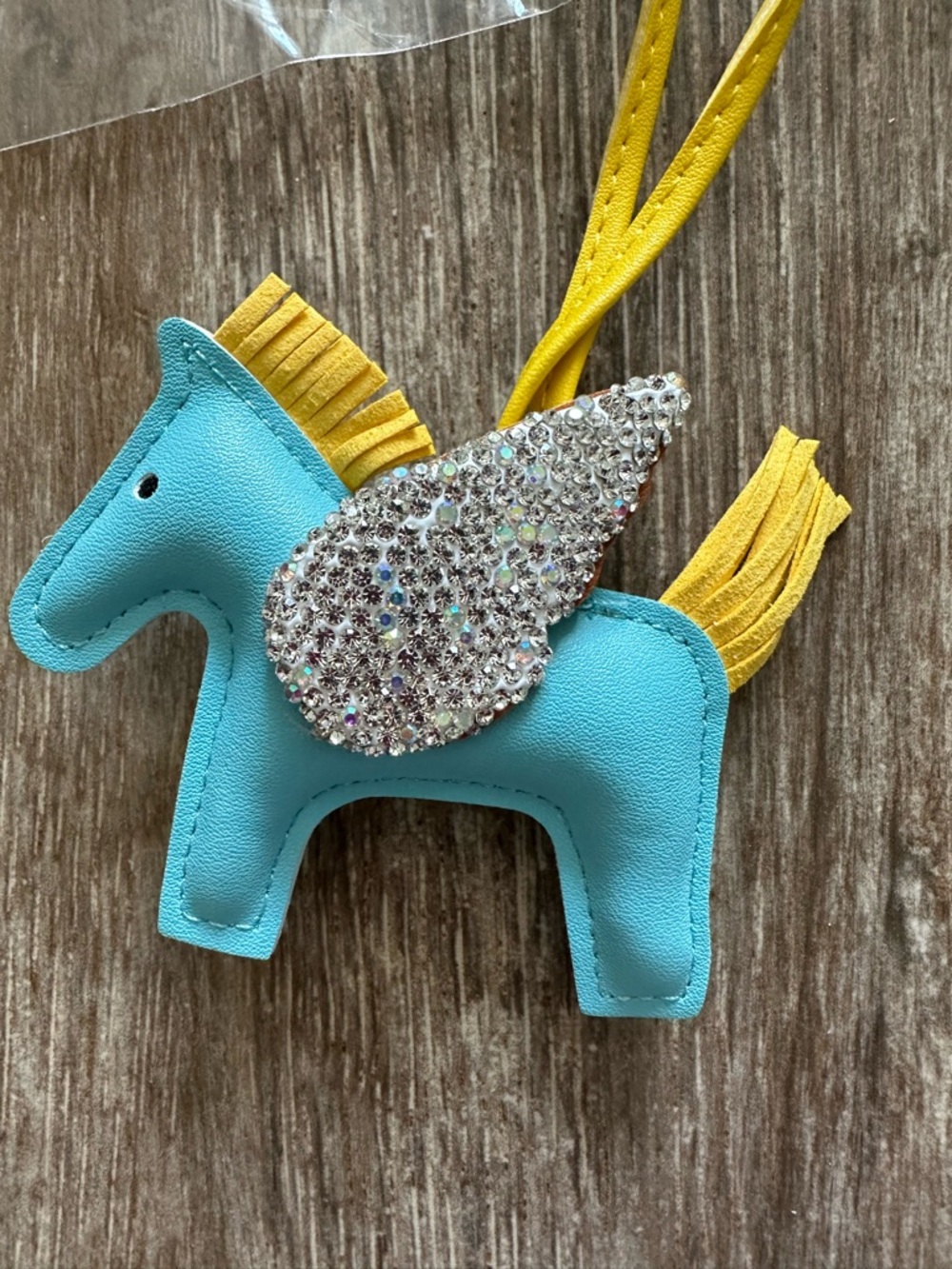 Turquoise & Faux Leather Horse Charm with Yellow Fringe and Crystal Wings, New